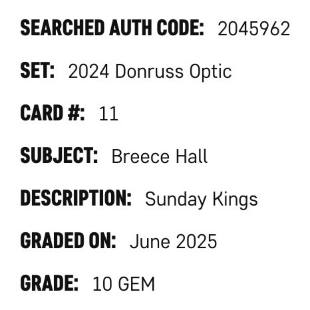 Breece Hall SGC 10 2024 Panini Donruss Optic Sunday Kings Card #11