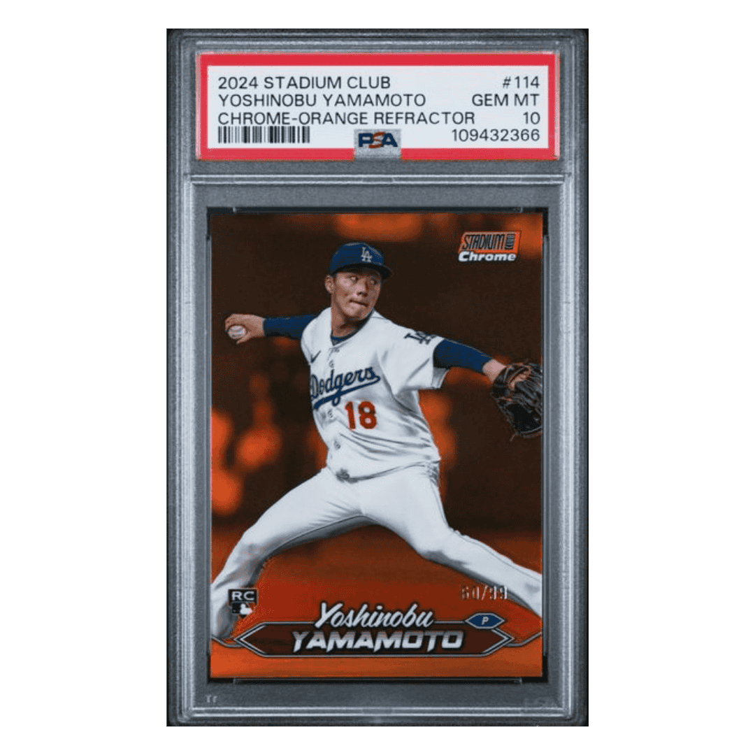 Yoshinobu Yamamoto PSA 10 2024 Topps Stadium Club Chrome Orange Refractor Rookie RC #d/ 99 Card #114