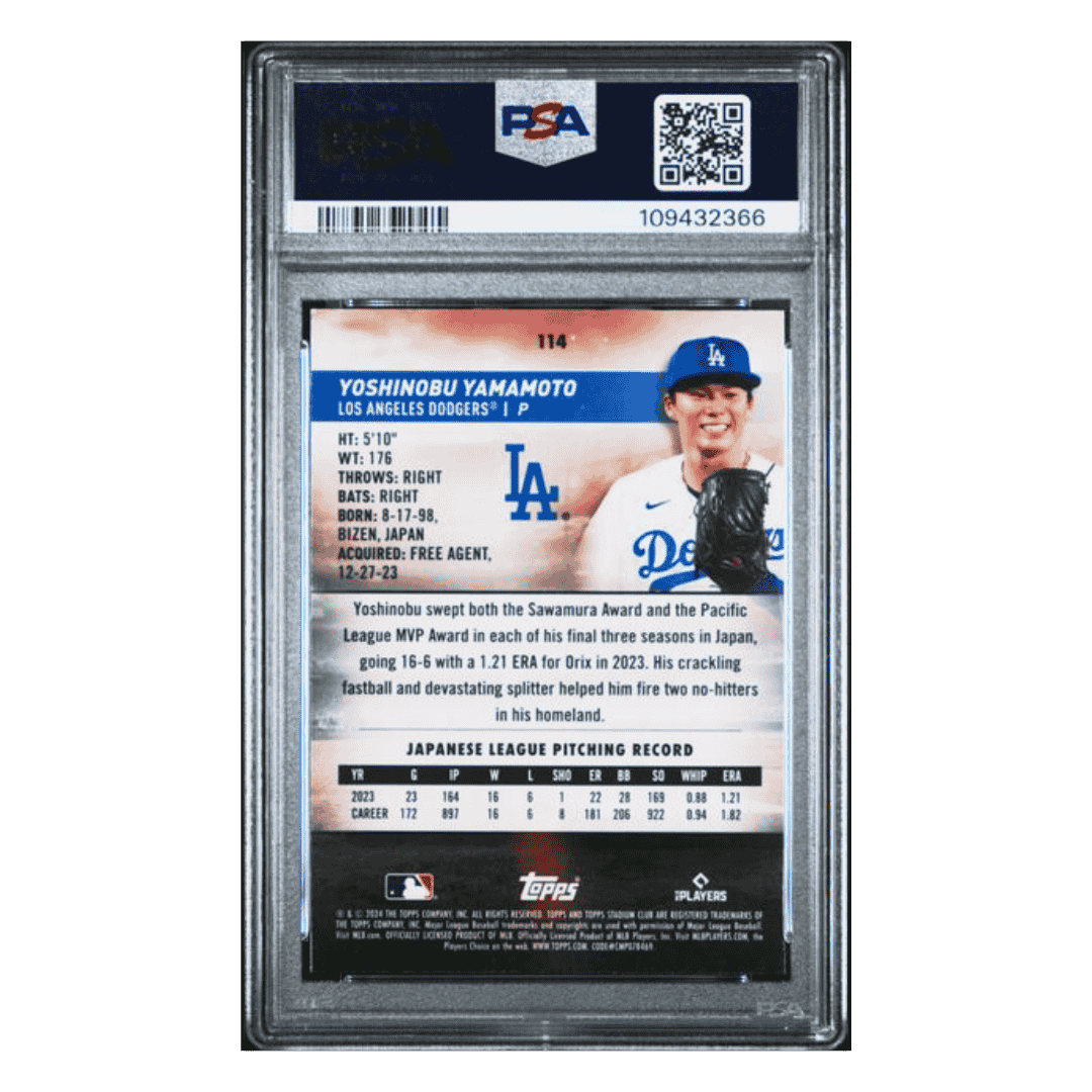 Yoshinobu Yamamoto PSA 10 2024 Topps Stadium Club Chrome Orange Refractor Rookie RC #d/ 99 Card #114