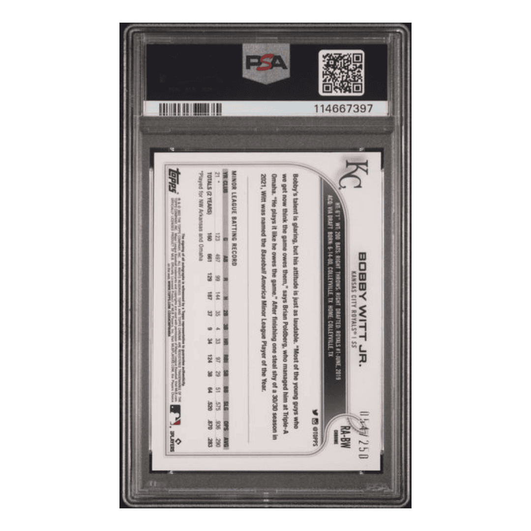 Bobby Witt Jr PSA 9 2022 Topps Chrome Rookie Autograph Purple Refractor #d/ 250 Card #RABW