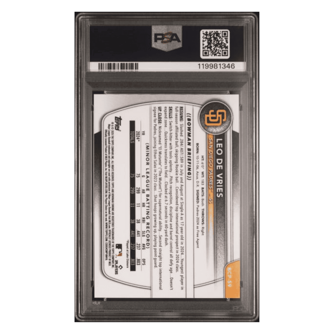 Leo De Vries PSA 10 2025 Topps Bowman Chrome Prospects Black X-Fractor #10/10 Card #BCP59