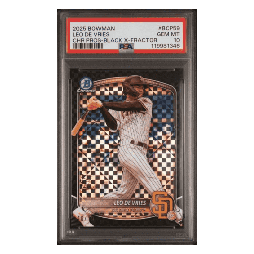 Leo De Vries PSA 10 2025 Topps Bowman Chrome Prospects Black X-Fractor #10/10 Card #BCP59