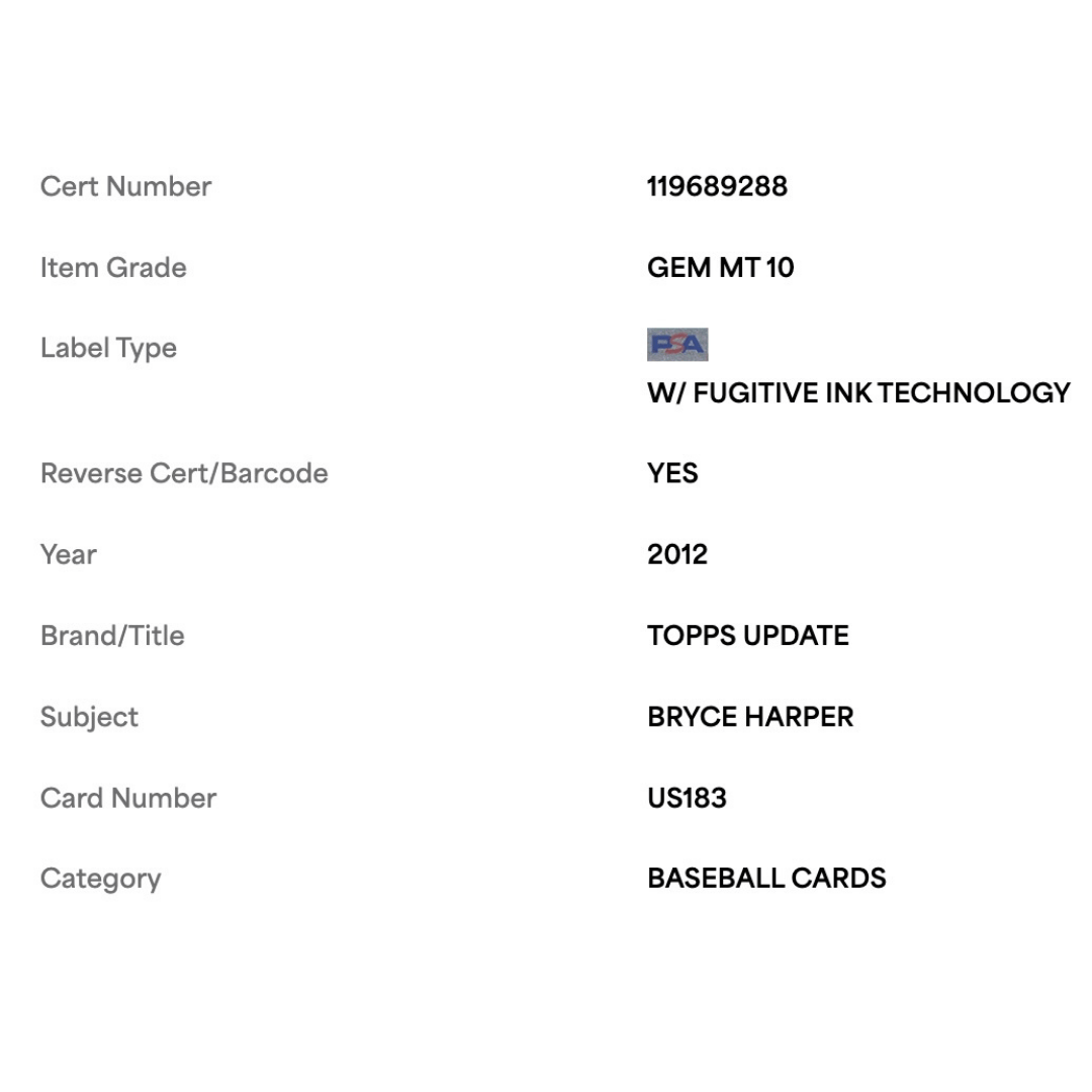 Bryce Harper PSA 10 2012 Topps Update Rookie RC Card #US183