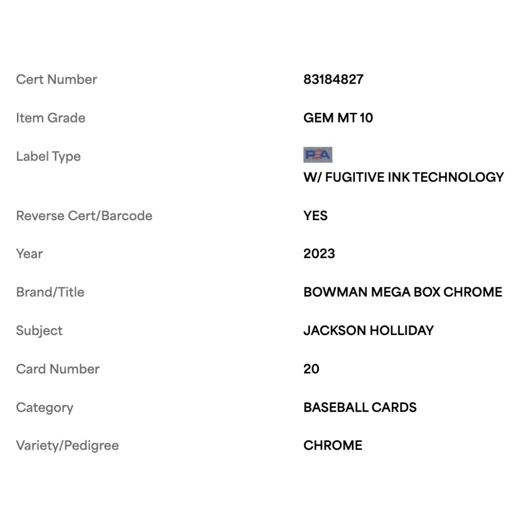 Jackson Holliday PSA 10 2023 Topps Bowman Mega Box Chrome Card #20