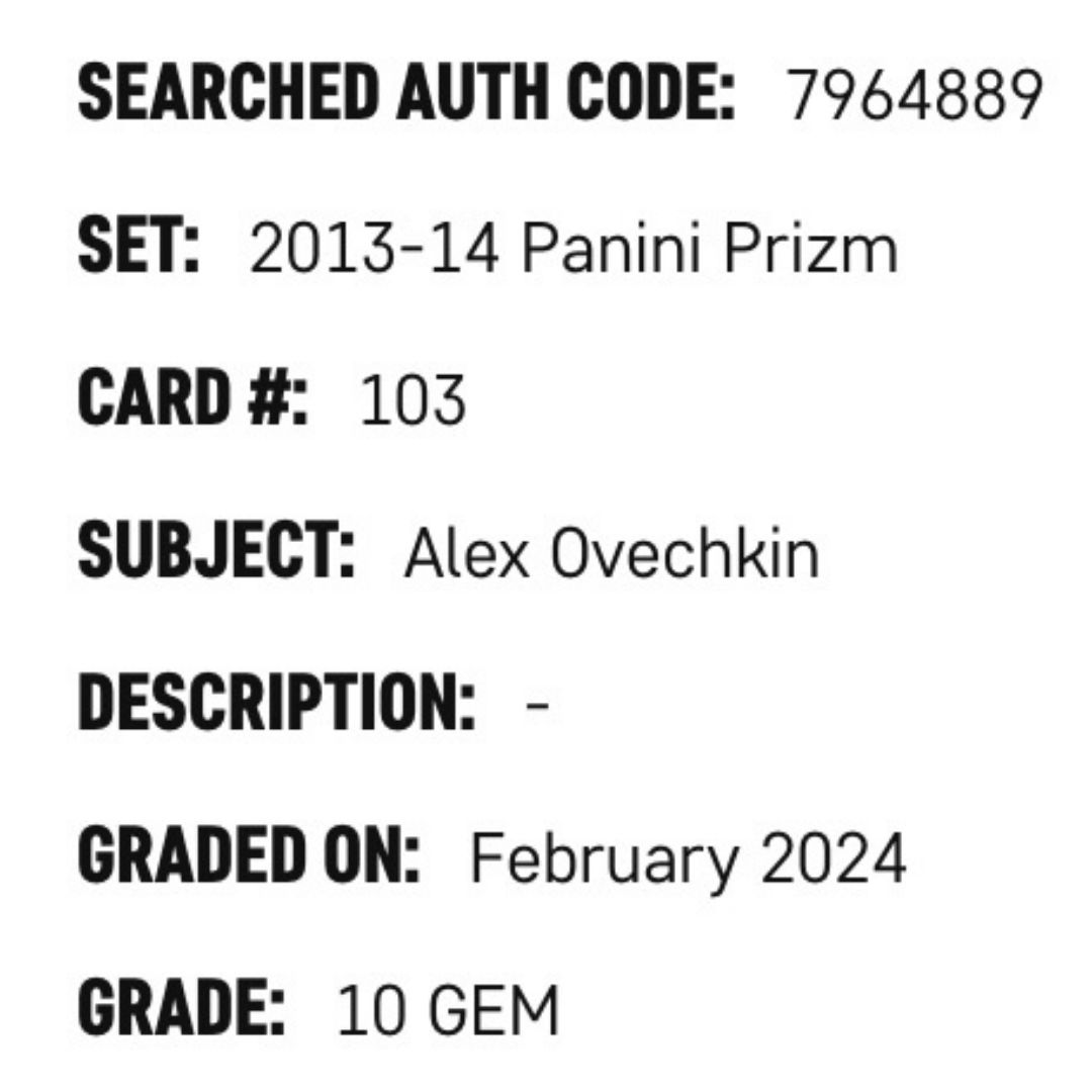 Alex Ovechkin SGC 10 2013-14 Panini Prizm Card #103