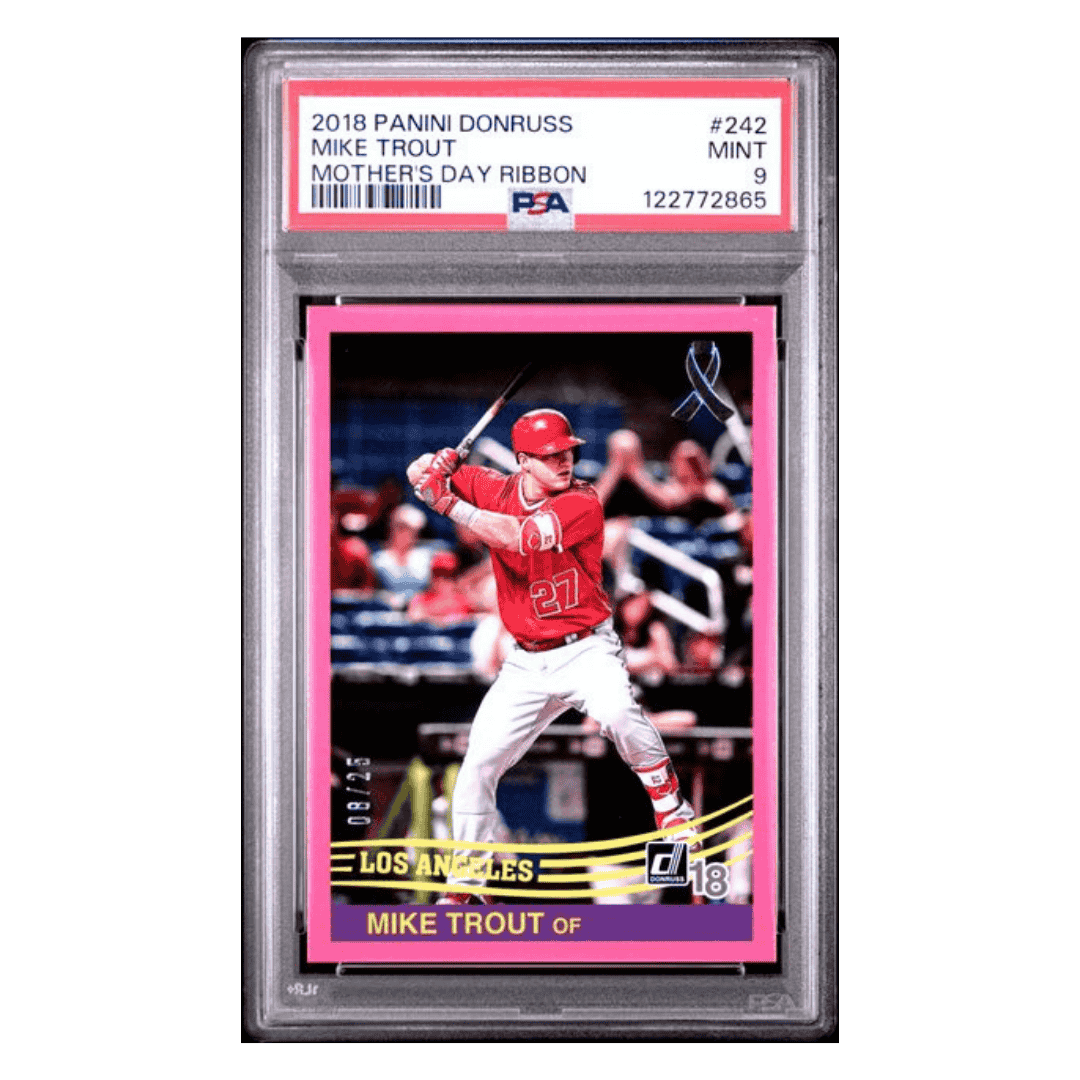 Mike Trout PSA 9 2018 Panini Donruss Mother's Day Ribbon #d/ 25 Card #242