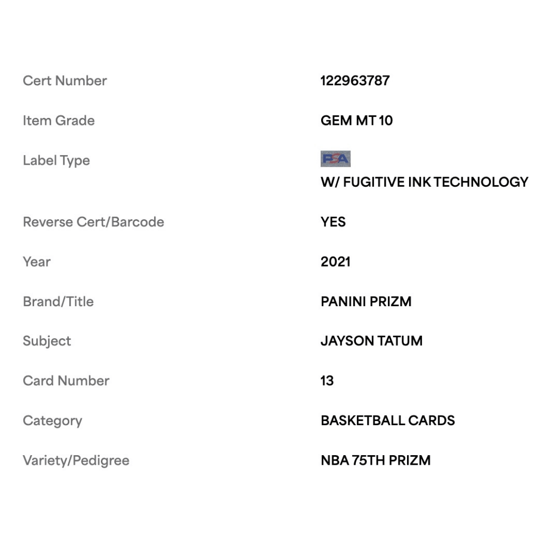 Jayson Tatum PSA 10 2021 Panini Prizm NBA 75th Prizm Card #13