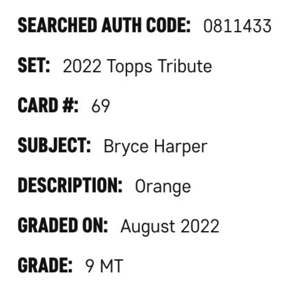 Bryce Harper SGC 9 2022 Topps Tribute Orange #d/ 25 Card #69