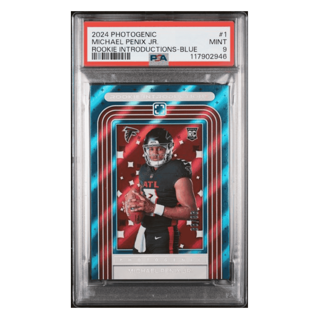 Michael Penix Jr PSA 9 2024 Panini Photogenic Rookie Introductions Blue #d/ 99 Card #1