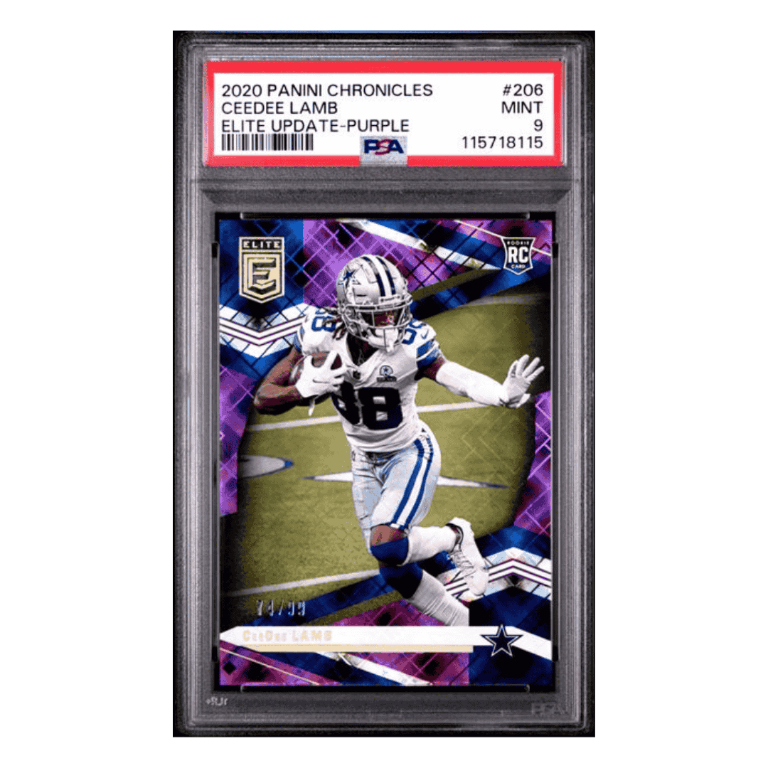 CeeDee Lamb PSA 9 2020 Panini Chronicles Elite Update Purple Rookie RC #d/ 99 Card #206