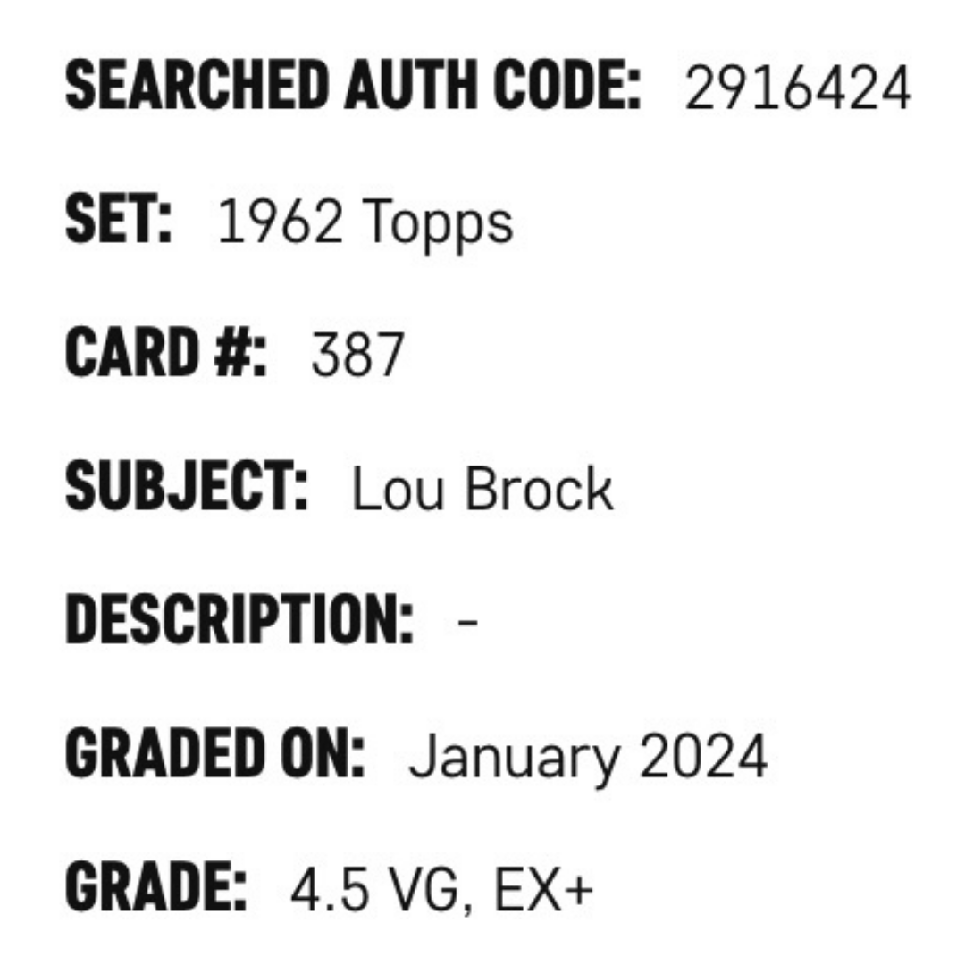 Lou Brock SGC 4.5 1962 Topps Rookie Card #387