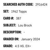 Lou Brock SGC 4.5 1962 Topps Rookie Card #387