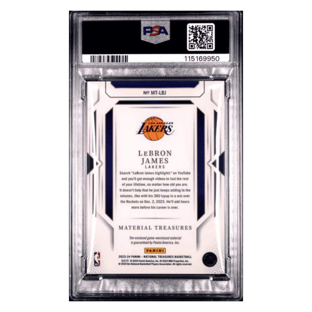 LeBron James PSA 9 2023 Panini National Treasures Material Treasures Patch #d/ 99 Card #LBJ