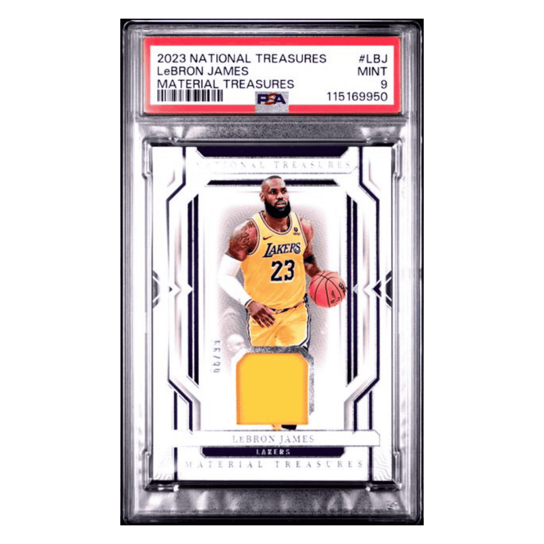 LeBron James PSA 9 2023 Panini National Treasures Material Treasures Patch #d/ 99 Card #LBJ
