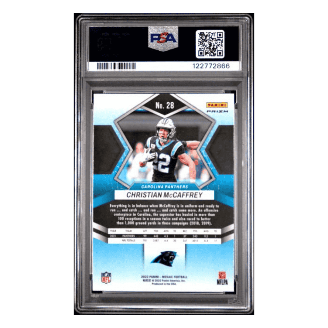 Christian McCaffrey PSA 8 2022 Panini Mosaic Genesis Card #28