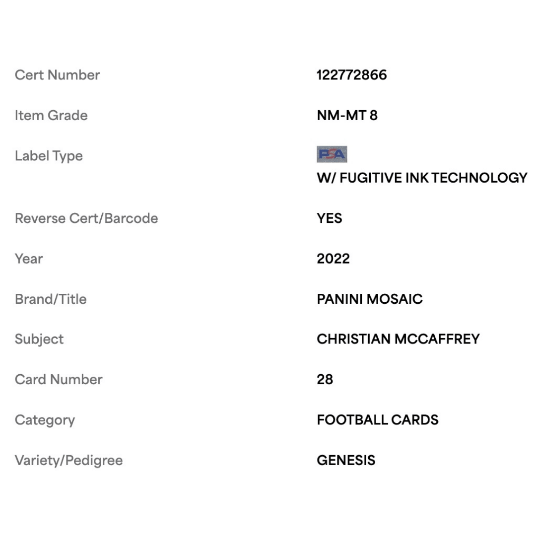Christian McCaffrey PSA 8 2022 Panini Mosaic Genesis Card #28