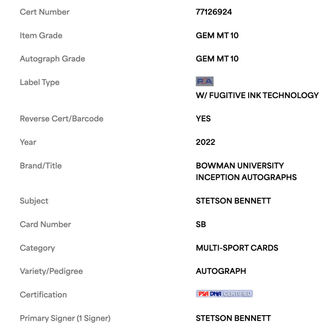 Stetson Bennett PSA 10 2022 Topps Bowman University Inception Autograph Card #SB