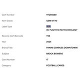 Brock Bowers PSA 10 2024 Panini Donruss Downtown! Rookie RC Card #17