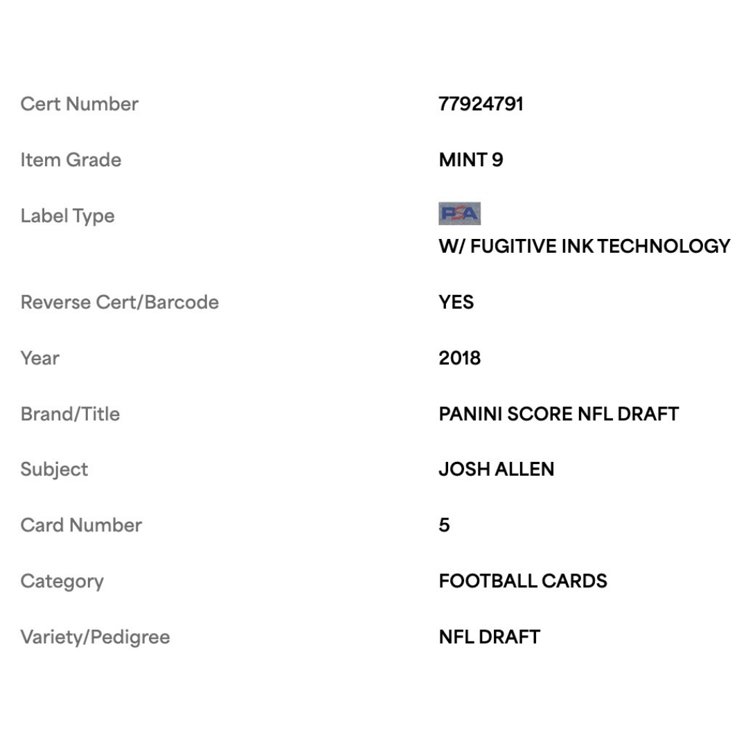 Josh Allen PSA 9 2018 Panini Score NFL Draft Card #5