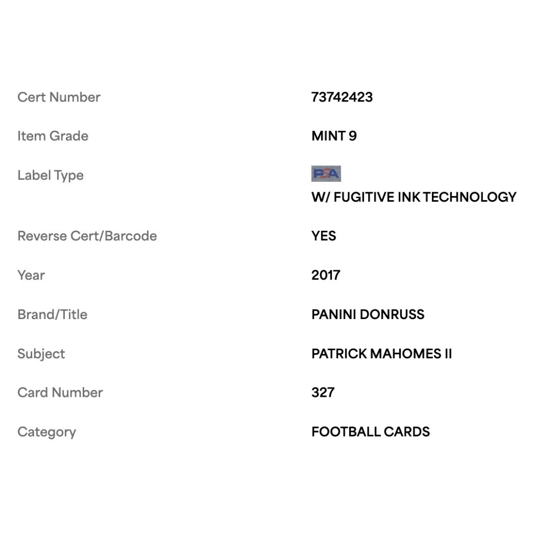 Patrick Mahomes PSA 9 2017 Panini Donruss Rated Rookie Card #327