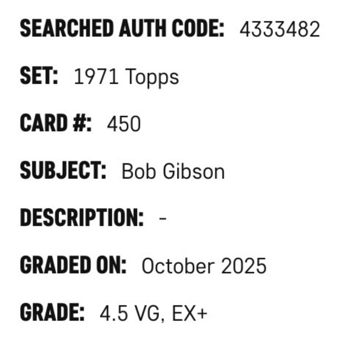 Bob Gibson SGC 4.5 1971 Topps Card #450