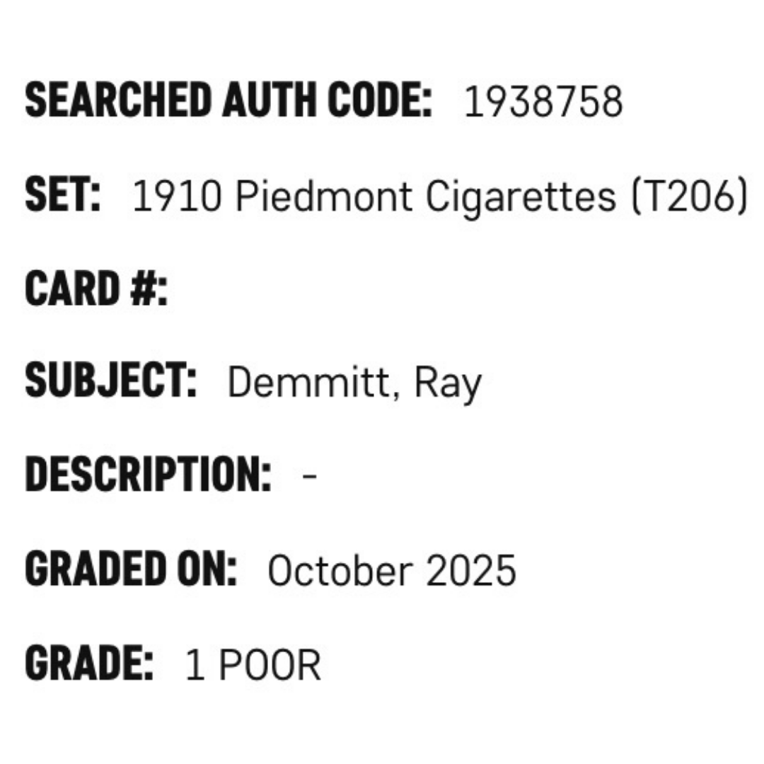 Ray Demmitt SGC 1 1910 Piedmont Cigarettes Card #T206