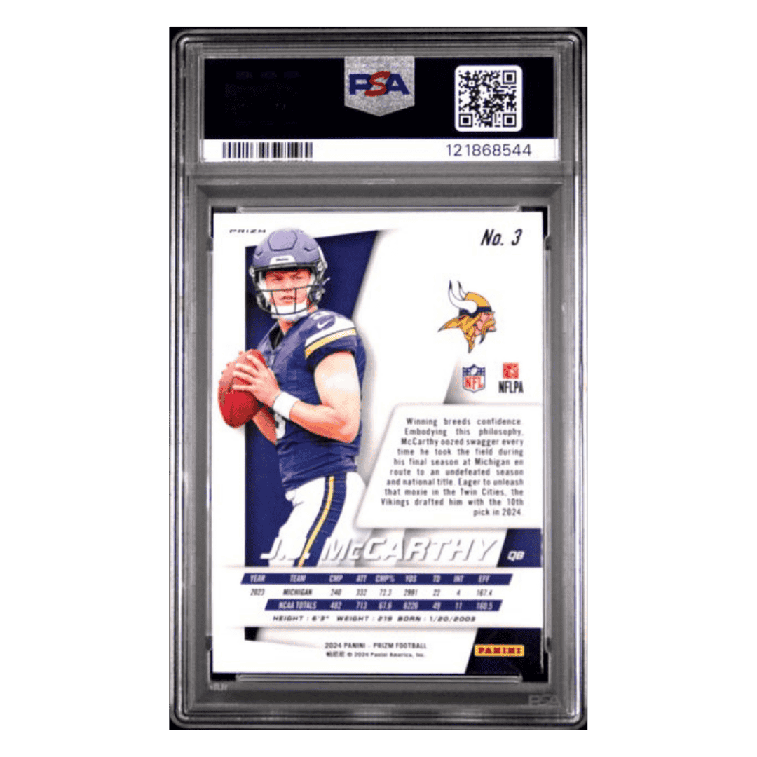 J.J. McCarthy PSA 9 2024 Panini Prizm Flashback Rookie No Huddle Card #3