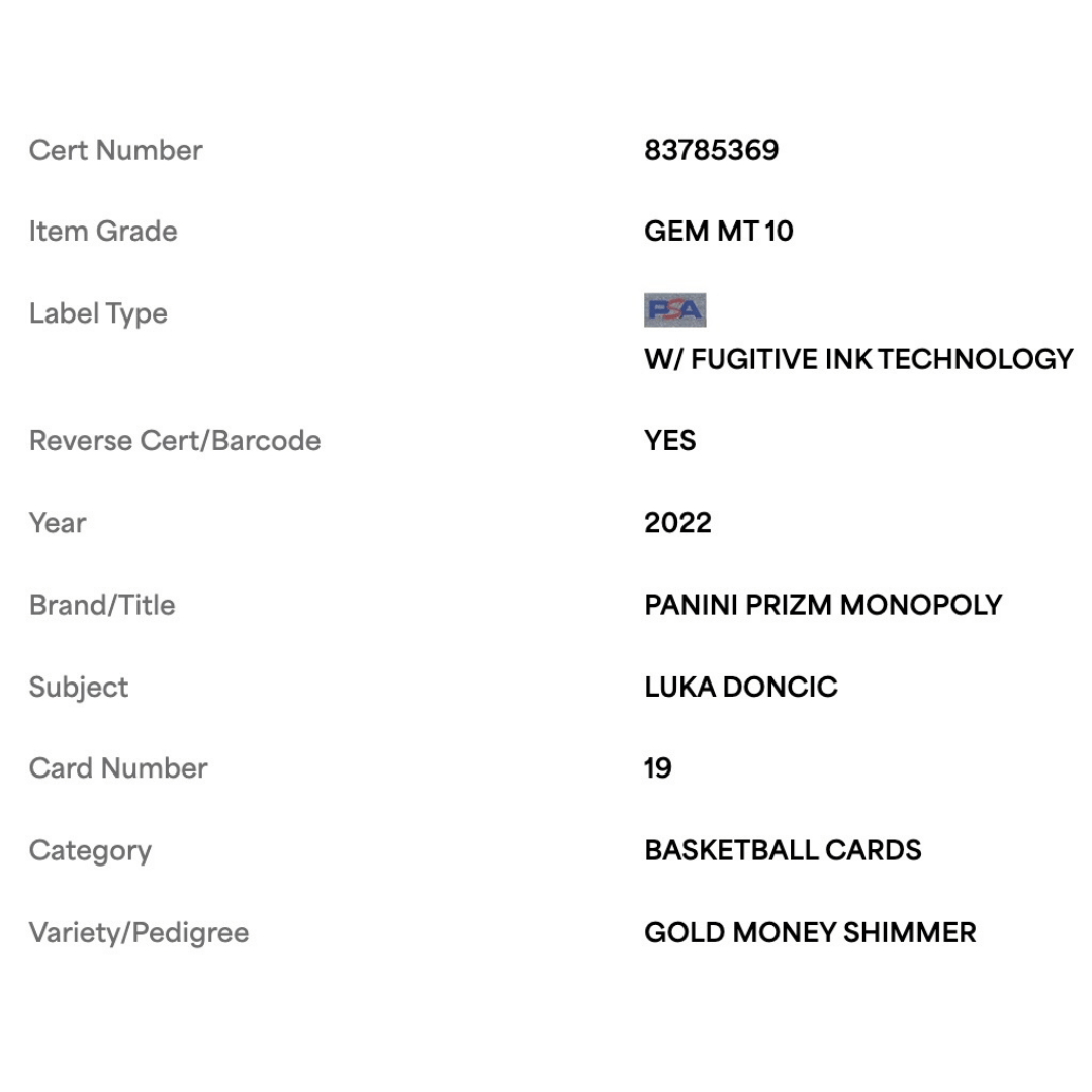 Luka Doncic PSA 10 2022 Panini Prizm Monopoly Gold Money Shimmer #d/ 500 Card #19