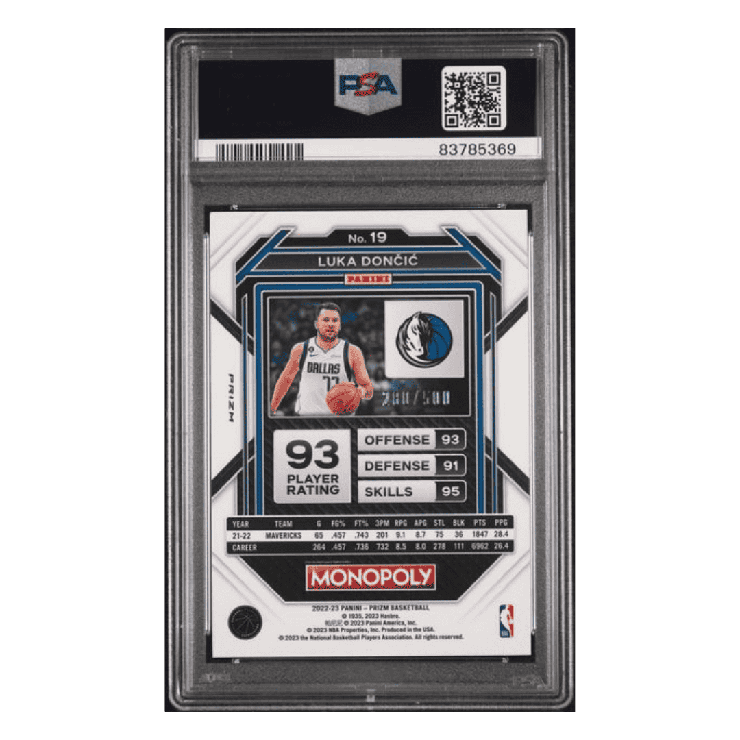 Luka Doncic PSA 10 2022 Panini Prizm Monopoly Gold Money Shimmer #d/ 500 Card #19