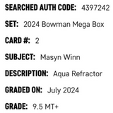 Masyn Winn SGC 9.5 2024 Bowman Mega Box Aqua Refractor Rookie RC #d/ 125 Card #2