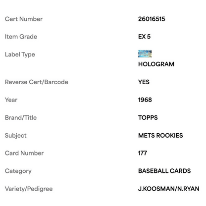 Jerry Koosman & Nolan Ryan PSA 5 1968 Topps Mets Rookie Stars Card #177