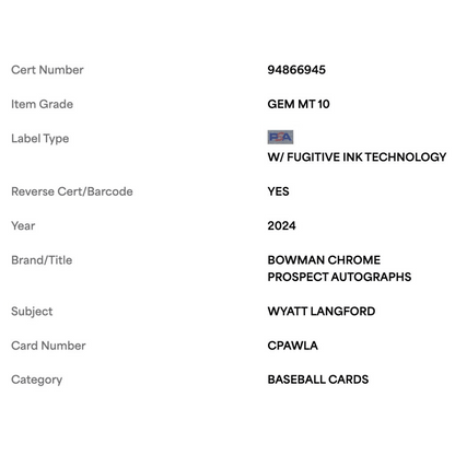 Wyatt Langford PSA 10 2024 Topps Bowman Chrome Prospect Autograph Card #CPAWLA