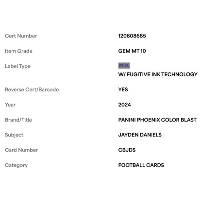 Jayden Daniels PSA 10 2024 Panini Phoenix Color Blast Case Hit Card #CBJDS