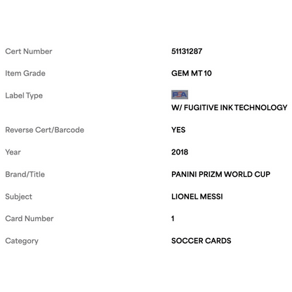 Lionel Messi PSA 10 2018 Panini Prizm World Cup Card #1