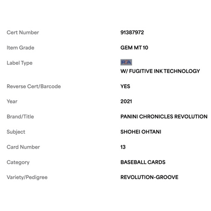 Shohei Ohtani PSA 10 2021 Panini Chronicles Revolution Groove Card #13