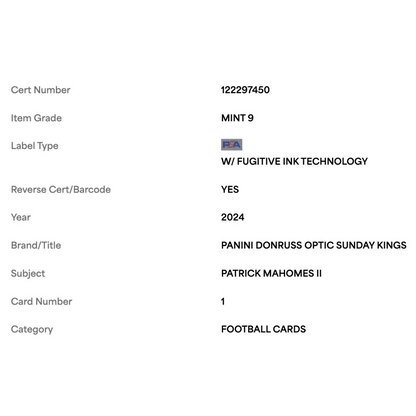 Patrick Mahomes PSA 9 2024 Panini Donruss Optic Sunday Kings Card #1