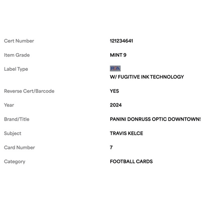 Travis Kelce PSA 9 2024 Panini Donruss Optic Downtown! Card #7