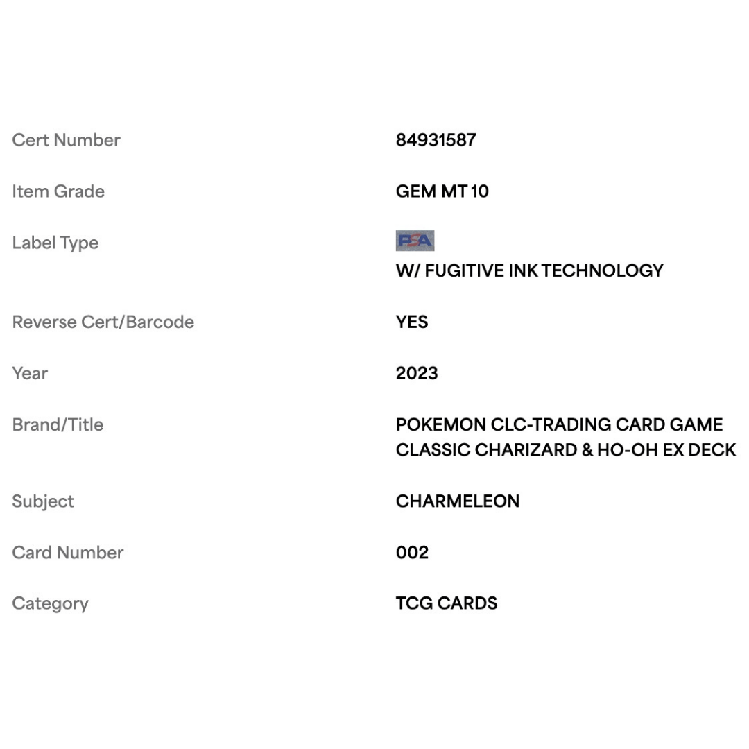 Charmeleon PSA 10 2023 Pokemon CLC-Trading Card Game Classic Charizard & HO-OH ex Deck Card #002