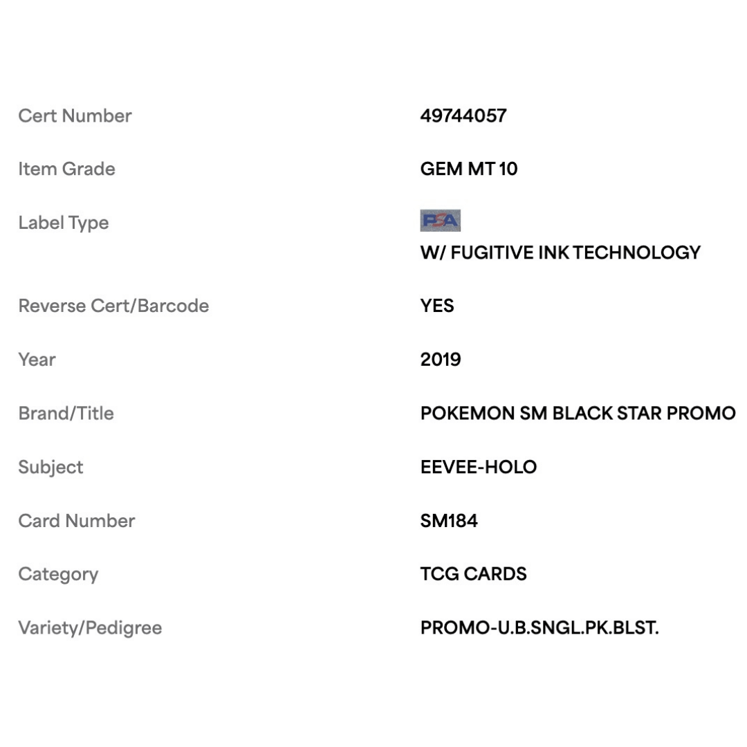 Eevee Holo PSA 10 2019 Pokemon SM Black Star Promo - U.B.SINGLE.PK.BLST. Card #SM184
