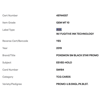 Eevee Holo PSA 10 2019 Pokemon SM Black Star Promo - U.B.SINGLE.PK.BLST. Card #SM184