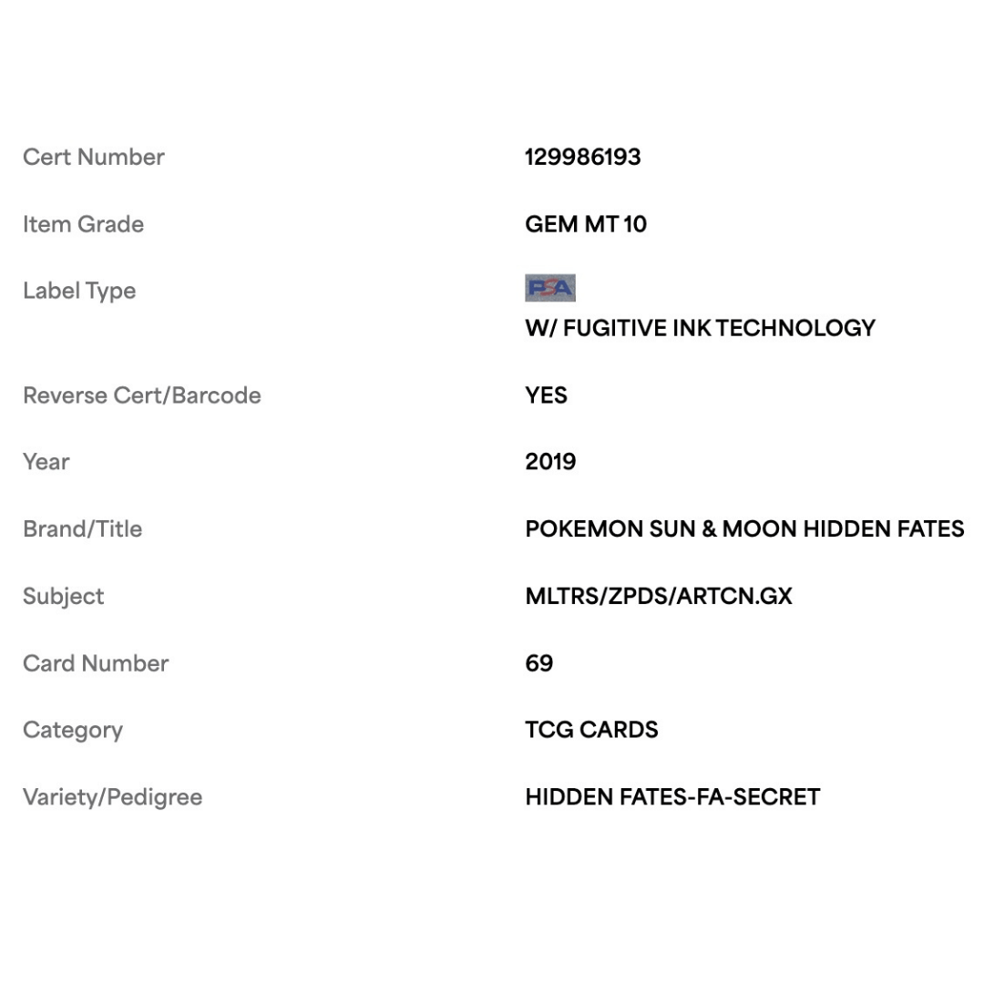 Moltres/ Zapdos/ Articuno GX PSA 10 2019 Pokemon Sun & Moon Hidden Fates Full Art Secret Card #69
