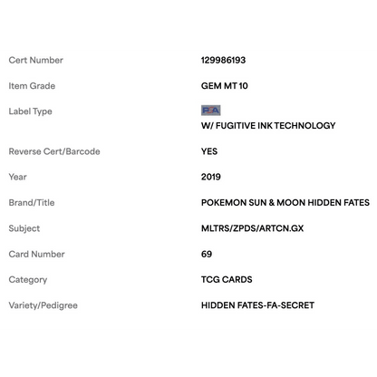 Moltres/ Zapdos/ Articuno GX PSA 10 2019 Pokemon Sun & Moon Hidden Fates Full Art Secret Card #69