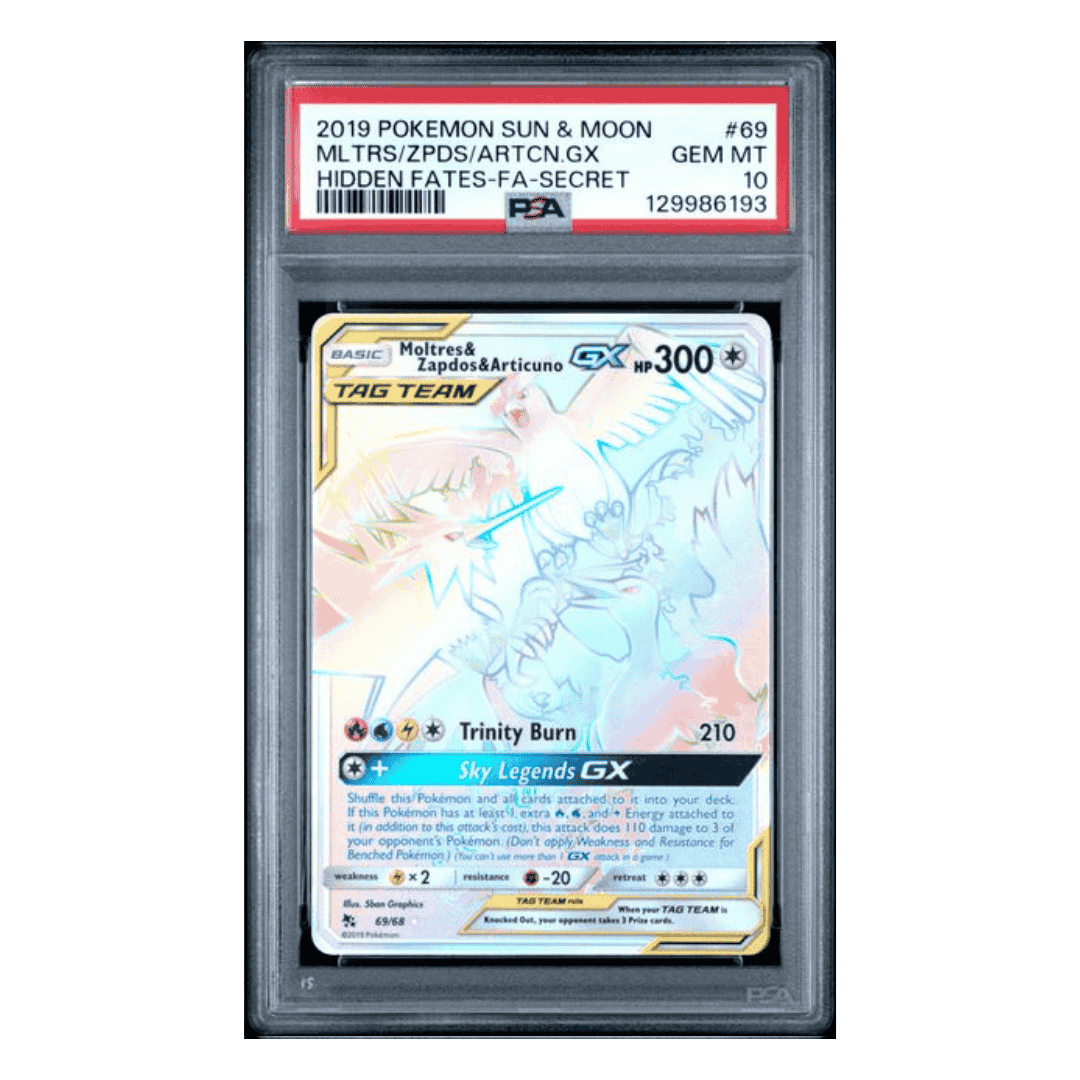 Moltres/ Zapdos/ Articuno GX PSA 10 2019 Pokemon Sun & Moon Hidden Fates Full Art Secret Card #69