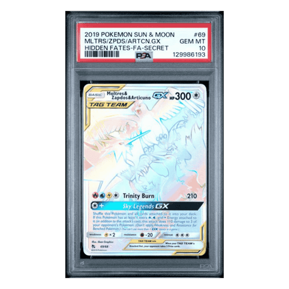 Moltres/ Zapdos/ Articuno GX PSA 10 2019 Pokemon Sun & Moon Hidden Fates Full Art Secret Card #69