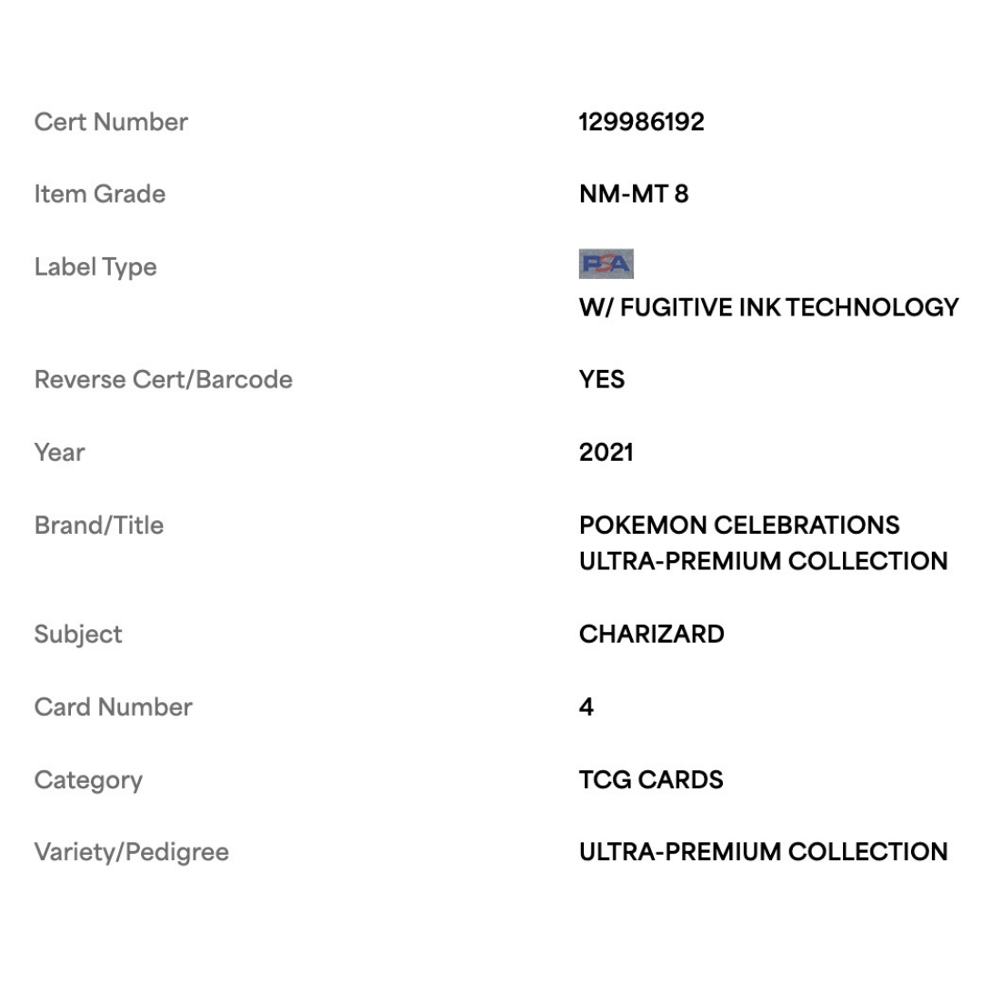 Charizard PSA 8 2021 Pokemon Celebrations Ultra Premium Collection Card #4