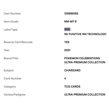 Charizard PSA 8 2021 Pokemon Celebrations Ultra Premium Collection Card #4