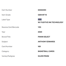 Anthony Edwards PSA 10 2020 Panini Select Silver Prizm Rookie RC Card #169