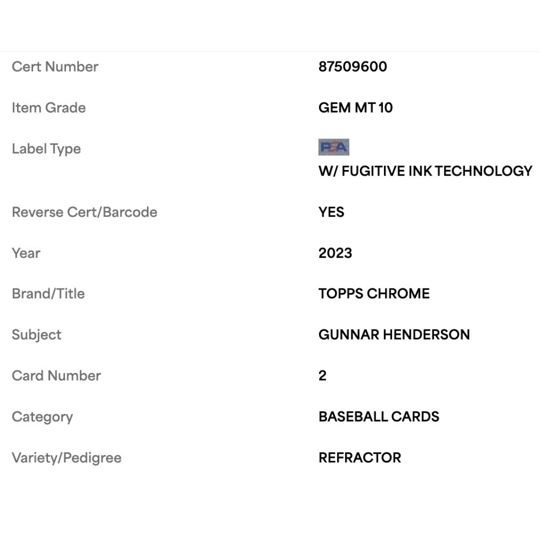 Gunnar Henderson PSA 10 2023 Topps Chrome Refractor Rookie RC Card #2