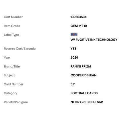 Cooper DeJean PSA 10 2024 Panini Prizm Neon Green Pulsar Rookie RC Card #321