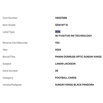 Lamar Jackson PSA 10 2024 Panini Donruss Optic Sunday Kings Black Pandora #d/ 25 Card #28